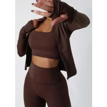 Yknktstc Womens Two Piece Tracksuit Set Long Sleeve Zipper Jacket with Athletic High Waist Leggings Workout Outfit M Brown
