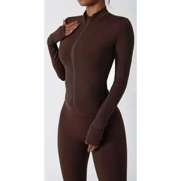 Yknktstc Womens Two Piece Tracksuit Set Long Sleeve Zipper Jacket with Athletic High Waist Leggings Workout Outfit M Brown