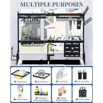 Kitsure Stainless Steel Dish Drying Rack (35.5in), Adjustable Over-The-Sink Drying Rack, Multifunctional Kitchen Organizer