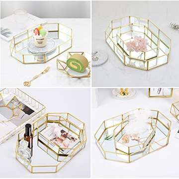 Hipiwe Gold Perfume Tray - Glass Mirror Makeup Tray Ornate Vanity Tray Dresser Tray Jewelry Trinket ...