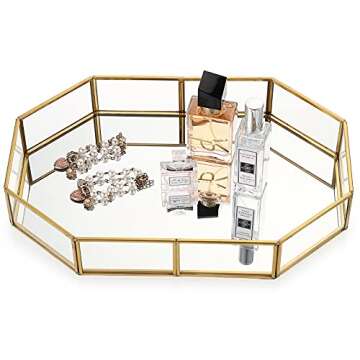 Hipiwe Gold Perfume Tray - Glass Mirror Makeup Tray Ornate Vanity Tray Dresser Tray Jewelry Trinket Organizer Tray for Bathroom Storage Tray for Home Decor,12.4"x 8.5"