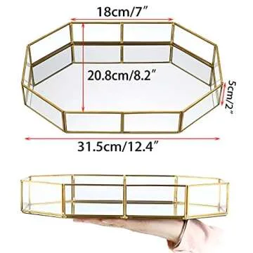 Hipiwe Gold Perfume Tray - Glass Mirror Makeup Tray Ornate Vanity Tray Dresser Tray Jewelry Trinket Organizer Tray for Bathroom Storage Tray for Home Decor,12.4"x 8.5"