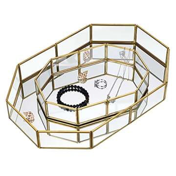 Hipiwe Gold Perfume Tray - Glass Mirror Makeup Tray Ornate Vanity Tray Dresser Tray Jewelry Trinket Organizer Tray for Bathroom Storage Tray for Home Decor,12.4"x 8.5"