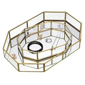 Hipiwe Gold Perfume Tray - Glass Mirror Makeup Tray Ornate Vanity Tray Dresser Tray Jewelry Trinket Organizer Tray for Bathroom Storage Tray for Home Decor,12.4"x 8.5"