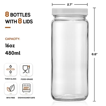 [ 8 Pack ] Glass Juicing Bottles with 2 Straws & 2 Lids w Hole- 16 OZ Travel Drinking Jars, Water Cups with White Airtight Lids, Reusable Tall Mason Jar for Juice, Bubble Tea, Smoothie, Tea, Kombucha