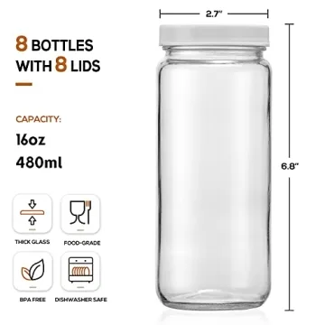 [ 8 Pack ] Glass Juicing Bottles with 2 Straws & 2 Lids w Hole- 16 OZ Travel Drinking Jars, Water Cups with White Airtight Lids, Reusable Tall Mason Jar for Juice, Bubble Tea, Smoothie, Tea, Kombucha