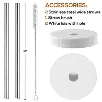 [ 8 Pack ] Glass Juicing Bottles with 2 Straws & 2 Lids w Hole- 16 OZ Travel Drinking Jars, Water Cups with White Airtight Lids, Reusable Tall Mason Jar for Juice, Bubble Tea, Smoothie, Tea, Kombucha