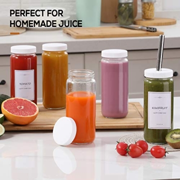 [ 8 Pack ] Glass Juicing Bottles with 2 Straws & 2 Lids w Hole- 16 OZ Travel Drinking Jars, Water Cups with White Airtight Lids, Reusable Tall Mason Jar for Juice, Bubble Tea, Smoothie, Tea, Kombucha