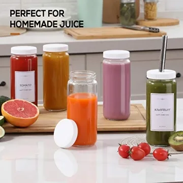 [ 8 Pack ] Glass Juicing Bottles with 2 Straws & 2 Lids w Hole- 16 OZ Travel Drinking Jars, Water Cups with White Airtight Lids, Reusable Tall Mason Jar for Juice, Bubble Tea, Smoothie, Tea, Kombucha