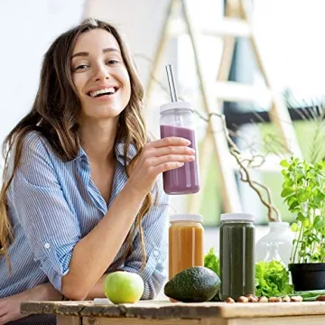 [ 8 Pack ] Glass Juicing Bottles with 2 Straws & 2 Lids w Hole- 16 OZ Travel Drinking Jars, Water Cups with White Airtight Lids, Reusable Tall Mason Jar for Juice, Bubble Tea, Smoothie, Tea, Kombucha