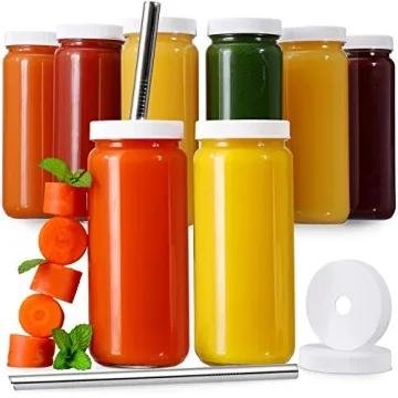 [ 8 Pack ] Glass Juicing Bottles with 2 Straws & 2 Lids w Hole- 16 OZ Travel Drinking Jars, Water Cups with White Airtight Lids, Reusable Tall Mason Jar for Juice, Bubble Tea, Smoothie, Tea, Kombucha