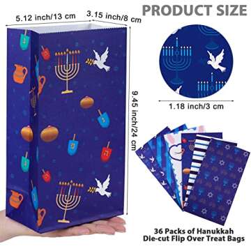 MIMIND 36 Pack Hanukkah Die-Cut Flip Over Treat Bags Party Favor Bags Happy Hanukkah Goodie Gift Bags Hanukkah Gift-Giving Bag with 36 Stickers Paper Bag for Hanukkah Party Supplies Favors