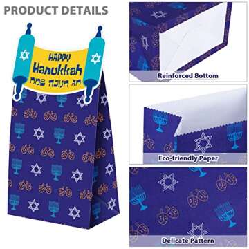 MIMIND 36 Pack Hanukkah Die-Cut Flip Over Treat Bags Party Favor Bags Happy Hanukkah Goodie Gift Bags Hanukkah Gift-Giving Bag with 36 Stickers Paper Bag for Hanukkah Party Supplies Favors
