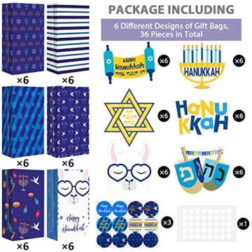 MIMIND 36 Pack Hanukkah Die-Cut Flip Over Treat Bags Party Favor Bags Happy Hanukkah Goodie Gift Bags Hanukkah Gift-Giving Bag with 36 Stickers Paper Bag for Hanukkah Party Supplies Favors
