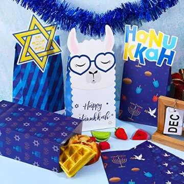 MIMIND 36 Pack Hanukkah Die-Cut Flip Over Treat Bags Party Favor Bags Happy Hanukkah Goodie Gift Bags Hanukkah Gift-Giving Bag with 36 Stickers Paper Bag for Hanukkah Party Supplies Favors