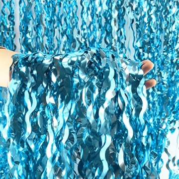 Teal Blue Wavy Tinsel Foil Fringe Curtains - 3 Pack for Mermaid & Under The Sea Parties