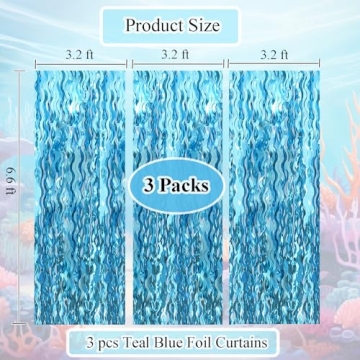 Teal Blue Wavy Tinsel Foil Fringe Curtains 3 Pack