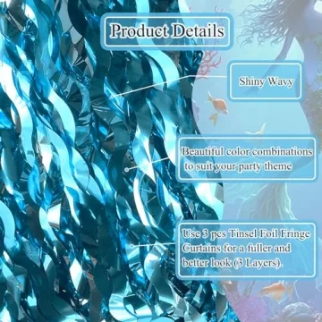 Teal Blue Wavy Tinsel Foil Fringe Curtains 3 Pack