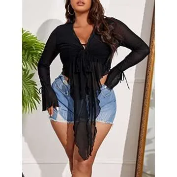 Plus Size Tie Front Crop Top for Women in Black