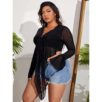 Plus Size Tie Front Crop Top for Women in Black