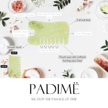 Padime 2 pcs | Premium Set Massage 2-in-1 | Rose Quartz Gua Sha Stone Facial Tools + Jade Comb Scalp Massager | Puffiness Reducing & Relieve Muscle Tension - Stimulates and Strengthens Hair Growth