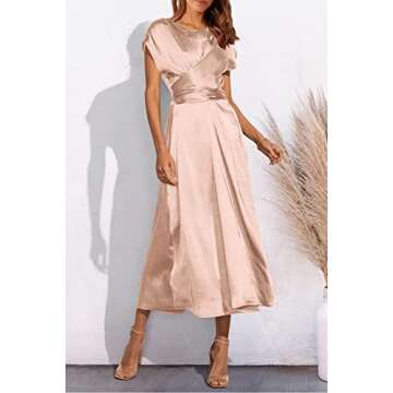 PRETTYGARDEN Women's 2024 Summer Satin Midi Dress Cap Sleeve Tie Waist Elegant A-Line Flowy Dresses (Champagne,Small)
