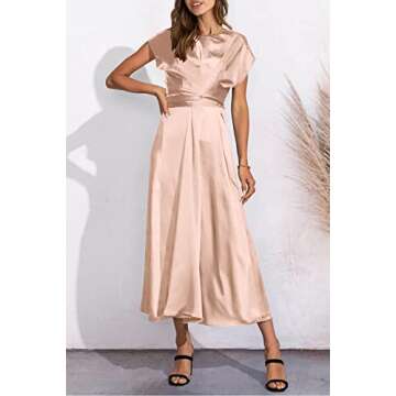 PRETTYGARDEN Women's 2024 Summer Satin Midi Dress Cap Sleeve Tie Waist Elegant A-Line Flowy Dresses (Champagne,Small)