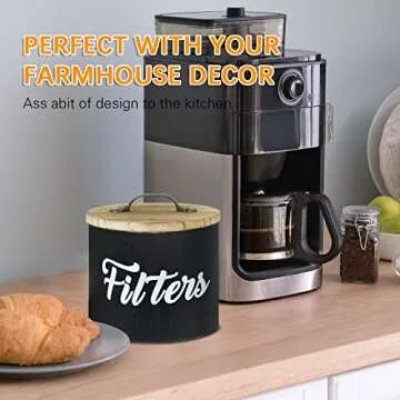 Farmhouse Coffee Filter Storage Container / Dispenser with Lid, Wooden Coffee Filter Basket for Counter, Black