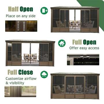 Domi 10’ x 12’ Sunroom, All-Season Wall Mounted Gazebo Solarium with Front Door, Side Entrance, Galvanized Steel Sloping Roof, PVC Screen, Outdoor Permanent Sun Room Lean to Gazebo for Deck Patio