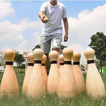 NI-ROU Outdoor Giant Lawn Bowling Games Wooden Lawn Set Fun Sports Games Outside or Indoor for Family Adults and Kids Backyard Skittles Carrying Bag with 10 Pins and 2 Balls