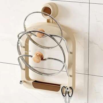 ELEFOCUS Wall Mount Pot Lids Holder, Suction Cup Storage Rack for Pot Lids,No Punching Household Kitchen Storage Holder Pan Lid Pot Cover Rack Cutting Board Holder (Creamy)