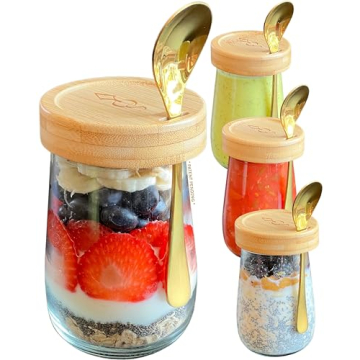 AYOS Premium Overnight Oats Containers with Bamboo Lids and Golden Spoons - 16 oz Glass Jars - 4 pack - Plastic Free
