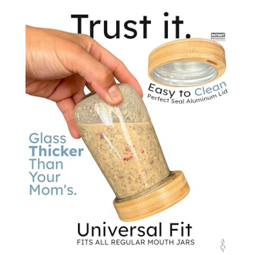 AYOS Premium Overnight Oats Containers with Bamboo Lids and Golden Spoons - 16 oz Glass Jars - 4 pack - Plastic Free