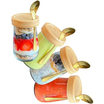 AYOS Premium Overnight Oats Containers with Bamboo Lids and Golden Spoons - 16 oz Glass Jars - 4 pack - Plastic Free