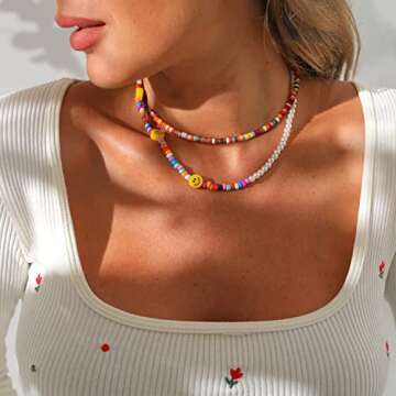 Aobei Pearl Bohemian Beaded Choker for Women Rainbow Clay Seed Beads Necklace Handmade Jewelry 15”