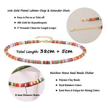 Aobei Pearl Bohemian Beaded Choker for Women Rainbow Clay Seed Beads Necklace Handmade Jewelry 15”