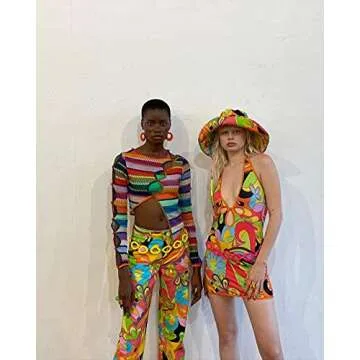 Tie-Dyed Straps Halter Dresses for Women Backless Bodycon Mini Skirts Vintage Y2K Fashion Clubwear Streetwear (Abstract Pattern Multicolor, Small)