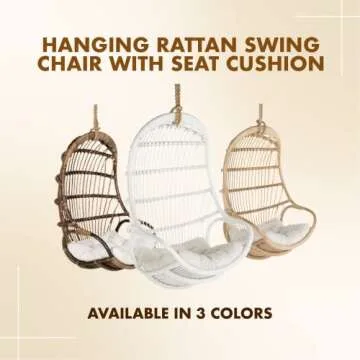 KOUBOO Hanging Rattan Swing Chair with Seat Cushion, Handwoven Natural Rattan Chair, Coastal Home De...
