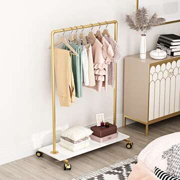 FONECHIN Gold Metal Clothing Rack with Wood Shelf, Heavy Duty Rolling Garment Rack with Wheels for B...