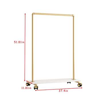 FONECHIN Gold Metal Clothing Rack with Wood Shelf, Heavy Duty Rolling Garment Rack with Wheels for Bedroom Retail Boutique Use (37.4L inches)