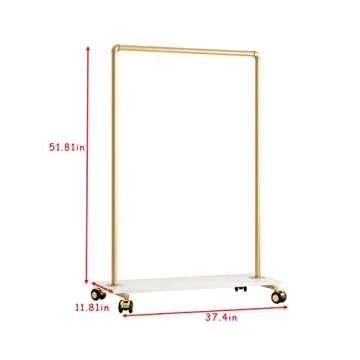 FONECHIN Gold Metal Clothing Rack with Wood Shelf, Heavy Duty Rolling Garment Rack with Wheels for Bedroom Retail Boutique Use (37.4L inches)