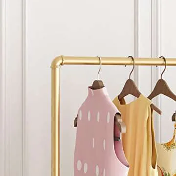 FONECHIN Gold Metal Clothing Rack with Wood Shelf, Heavy Duty Rolling Garment Rack with Wheels for Bedroom Retail Boutique Use (37.4L inches)