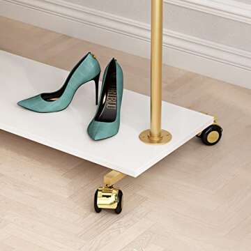 FONECHIN Gold Metal Clothing Rack with Wood Shelf, Heavy Duty Rolling Garment Rack with Wheels for Bedroom Retail Boutique Use (37.4L inches)