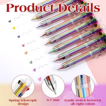 Harloon 36 Pcs Valentine's Day 0.7 mm 8 in 1 Multicolor Ballpoint Pen 8 Colors Retractable Ballpoint Rainbow Pens with Valentine's Day Card for Kids Office School Party Favors Exchange Gifts