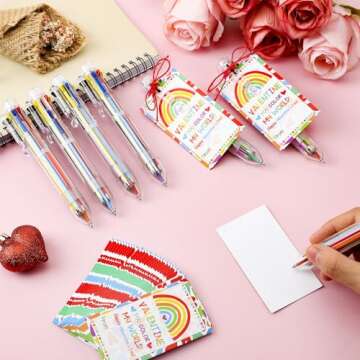 Harloon 36 Pcs Valentine's Day 0.7 mm 8 in 1 Multicolor Ballpoint Pen 8 Colors Retractable Ballpoint Rainbow Pens with Valentine's Day Card for Kids Office School Party Favors Exchange Gifts