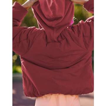 Ynhonra Womens Crew Neck Pullover Puffer Long Sleeve Loose Jacket Half Zip Hooded Coat with Drawstring(Cherry-L)