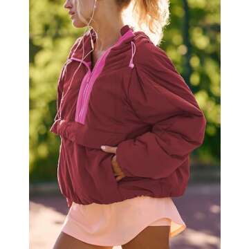 Ynhonra Womens Crew Neck Pullover Puffer Long Sleeve Loose Jacket Half Zip Hooded Coat with Drawstring(Cherry-L)