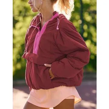 Ynhonra Womens Crew Neck Pullover Puffer Long Sleeve Loose Jacket Half Zip Hooded Coat with Drawstring(Cherry-L)