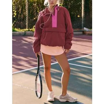 Ynhonra Womens Crew Neck Pullover Puffer Long Sleeve Loose Jacket Half Zip Hooded Coat with Drawstring(Cherry-L)