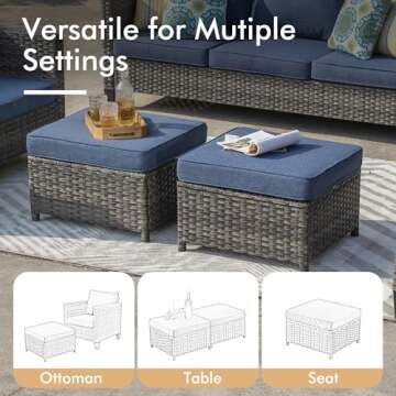 XIZZI 5 Pieces Outdoor Wicker Patio Furniture Set, All-Weather Rattan Conversation Set with Cushions, Ideal for Garden, Patio, or Backyard, Grey Wicker Denim Blue